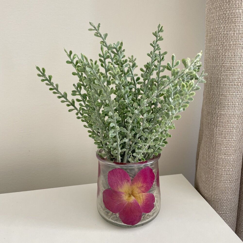 Handmade Faux Plant Arrangement in Dried Rose Petal Glass Planter